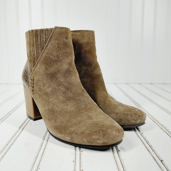 Levity Berlin Tan Suede Snakeskin Print Slip On Block Heel Ankle Boots H725 - Picture 4 of 14